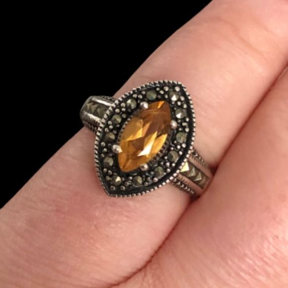 VINTAGE Marquise Cut Citrine Gemstone Sterling Silver Cocktail Ring Sz 7 - Picture 7 of 7